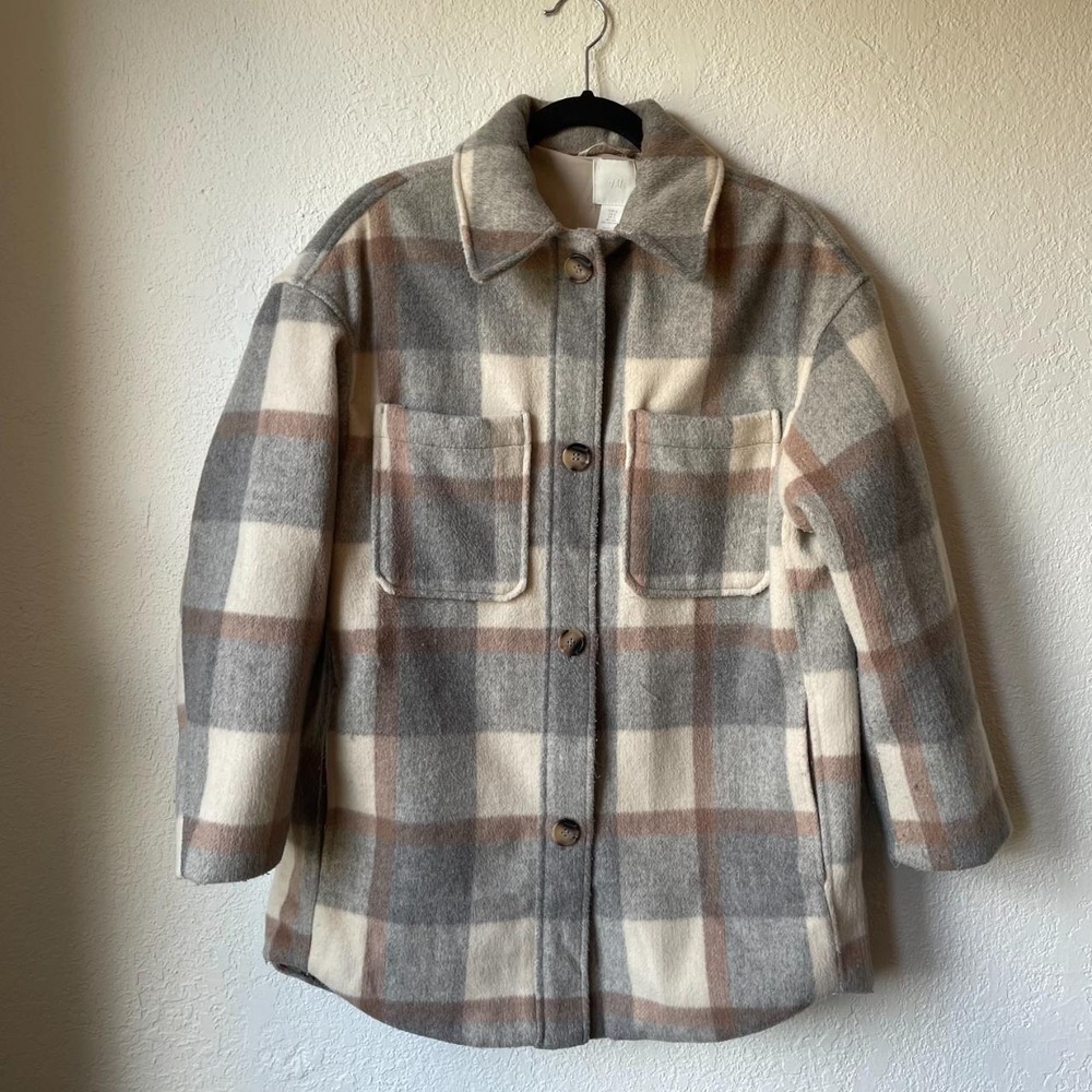 HM Gray Cream Plaid Fleece Flannel Button Up Shacket Jacket Mens Small